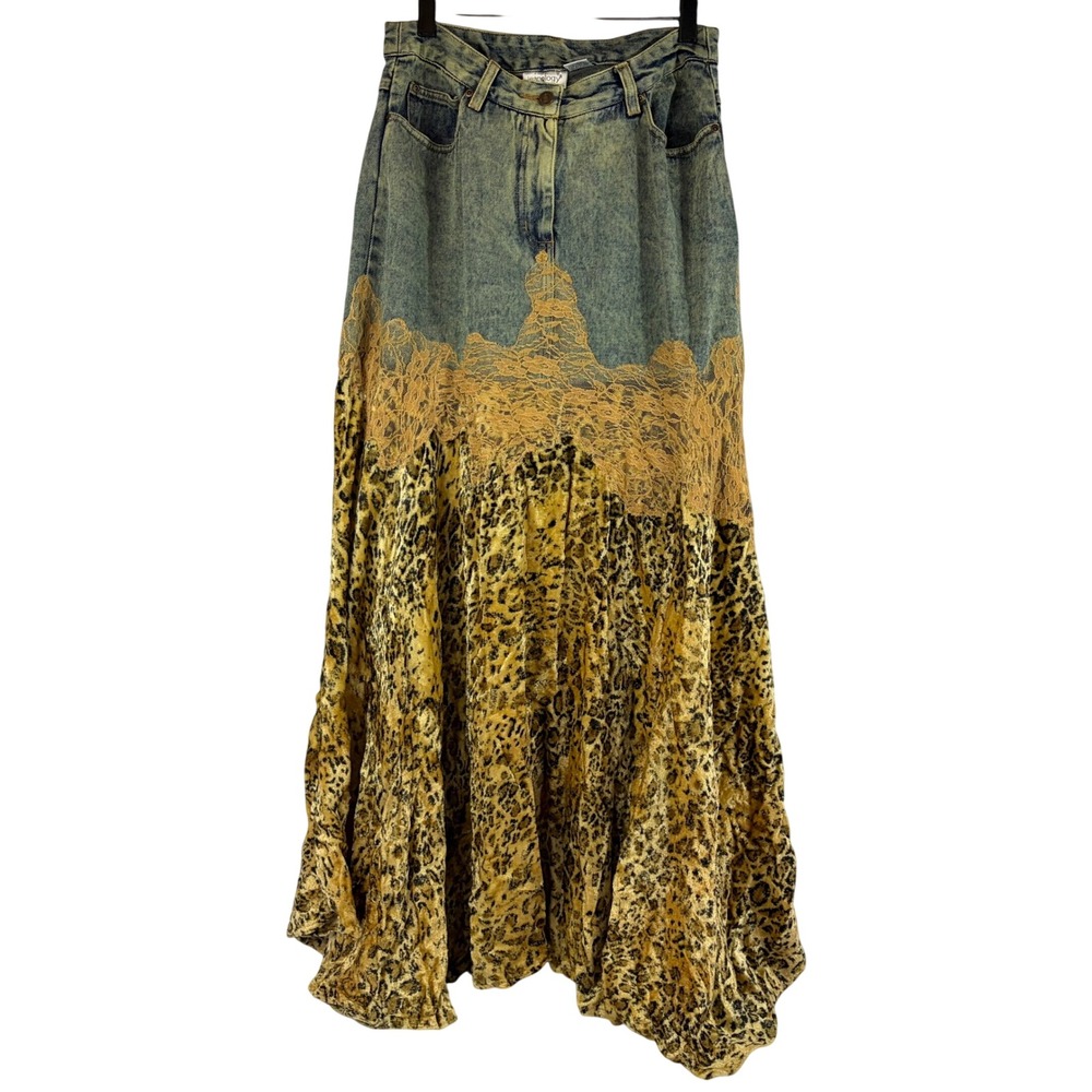 Vintage Y2K Jeanology Acid Wash Denim Leopard Lace Maxi Skirt Size 10
